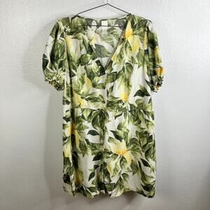 H&M Linen Blend Lemon Print Dress Sz XXL Puff Sleeve Cottagecore Summer Festival
